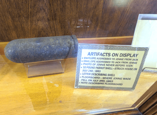 artillery shell on display in Jennie Wade House