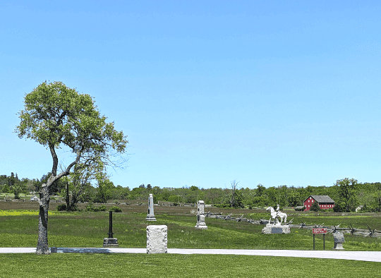 Memorial markers across the field in Gettysburg