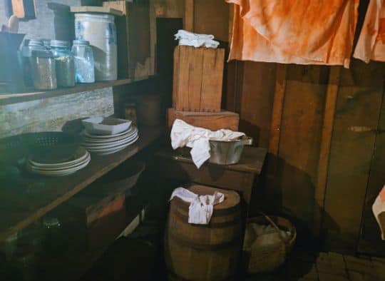 Bloody towels hanging by barrels in shriver Basement