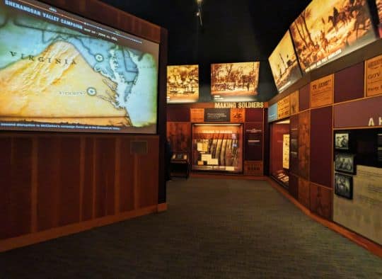Hallway of exhibit displays and films in Gettysburg Visitor Center Museum