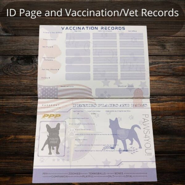 Pup Passport Shop listing Photos ID page and vet & vaccination page