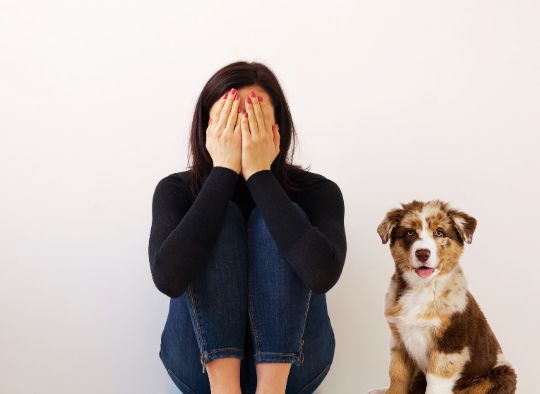 Woman covering her face in hands sitting against a wall next to a puppy