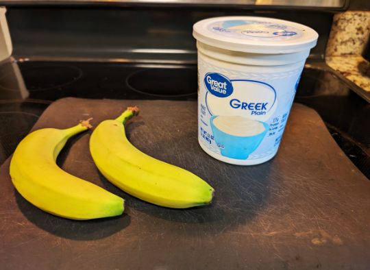 Base ingredients for Homemade Dog Ice Cream Treats- bananas and yogurt