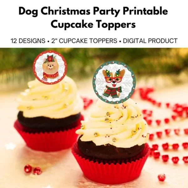 Dog Christmas Party Printable Cupcake Toppers