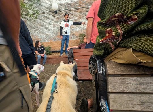 2 dogs in watching the presenter on a Hot Springs Haunted Tour