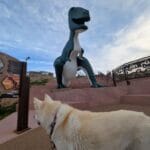 Husky next to a T-Rex and informational sign in Dinosaur Park Rapid City