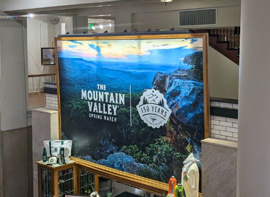 Large Mountain Valley Spring Water sign in the visitor center