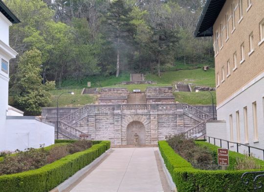 "Stairs leading up to several trails on Bathhouse Row in Hot Springs NP" 