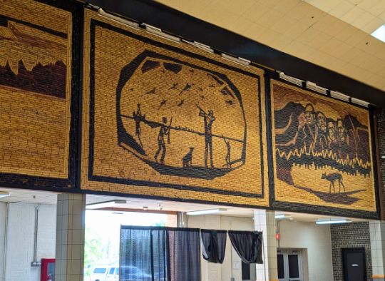 Close up of corn murals inside the auditorium including Mt Rushmore