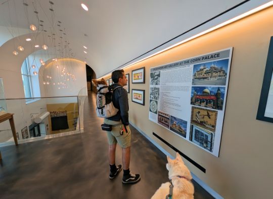 Man with 2 dogs looking at Oscar Howe Art Gallery at the Corn Palace