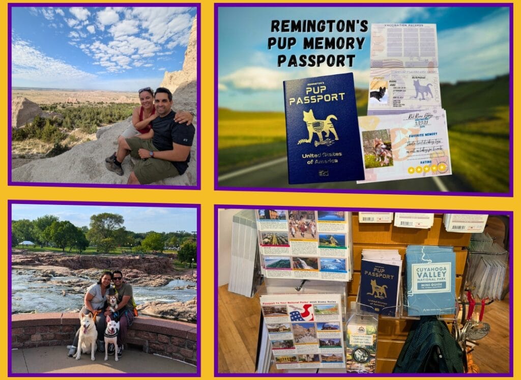 A Couple in the Badlands NP, Couple with 3 dogs at Falls park, Remington's Pup Memory Passport close up, and The Pup Memory Passport on the shelves in Cuyhoga